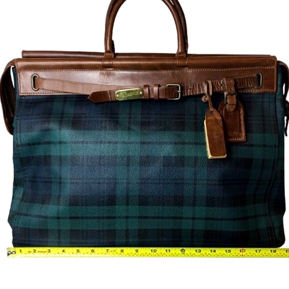 RALPH LAUREN Black Watch Plaid Blue Green Doctors Boston Weekend Overnight Bag - Picture 9 of 17